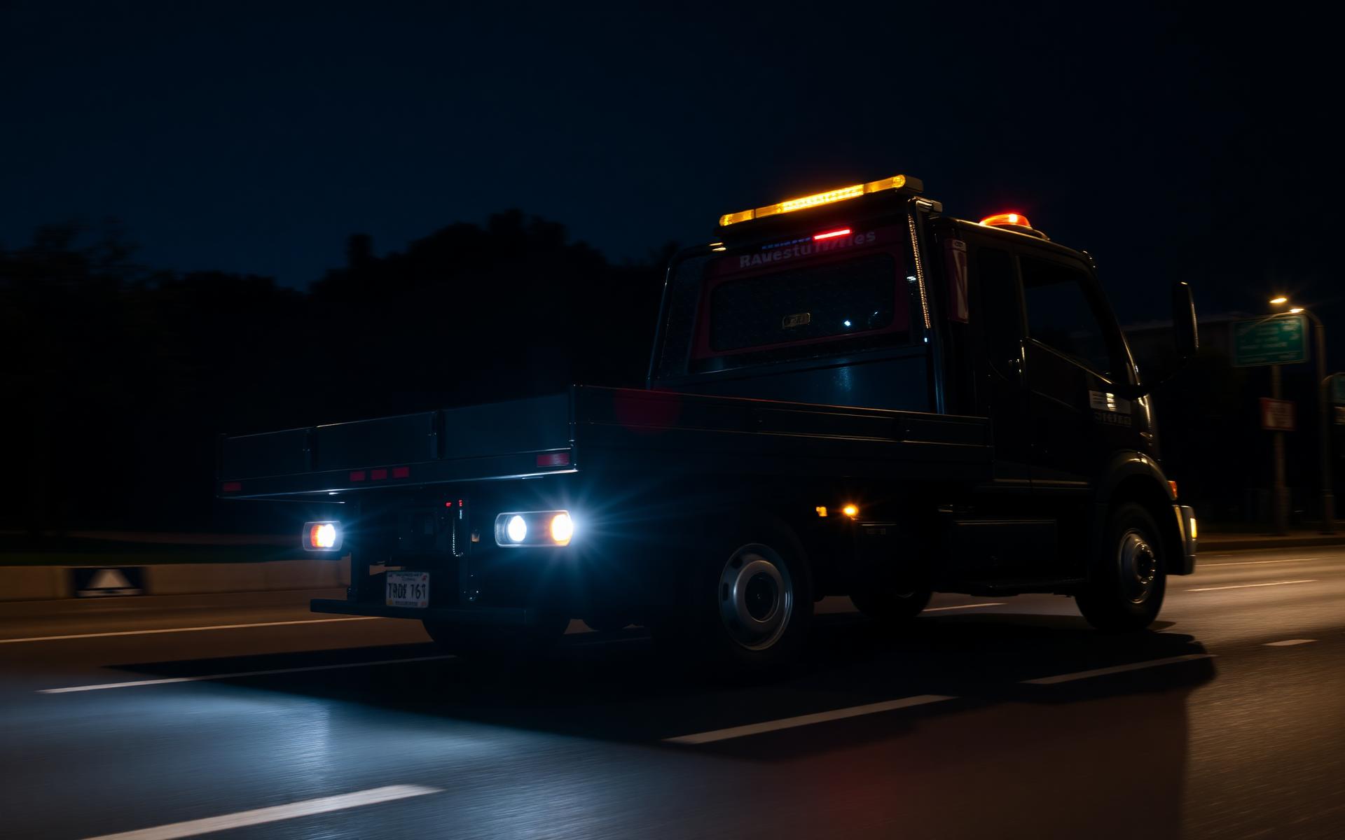 Caminhão plataforma MJR Reboques em atendimento noturno em Belo Horizonte